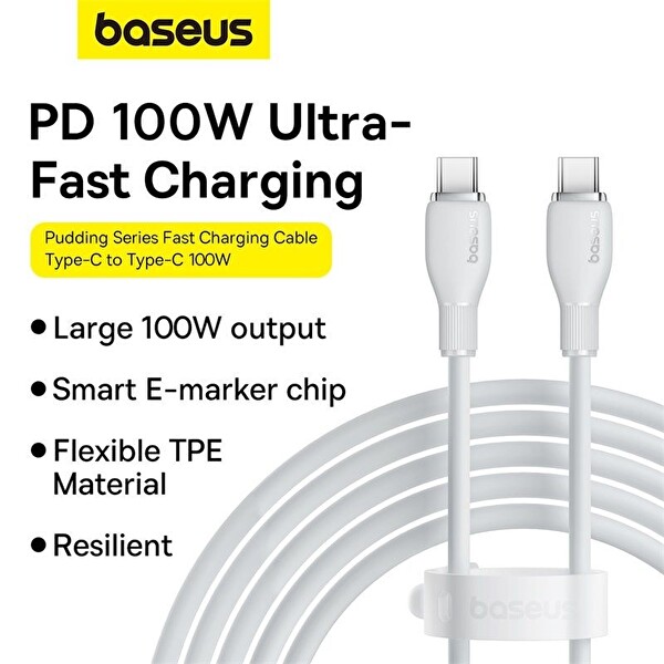 Baseus Pudding Serisi Type-C - Type-C 100W 5A 1.2M Beyaz Hızlı Şarj Kablosu