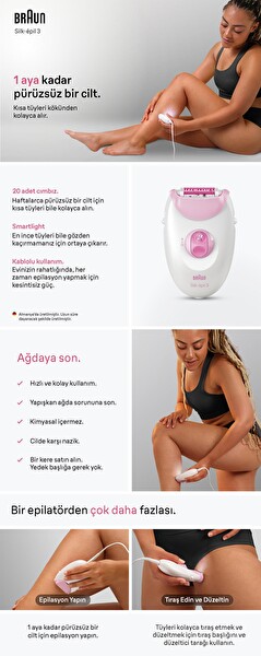 Braun Se 3-033 Silk·épil 3 Kablolu Epilatör, Kalıcı Pürüzsüz Cilt
