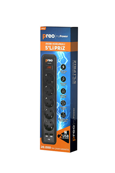 Preo Preo SP05AG-USB MPP02 2 Usb Portlu 5 Priz Girişli Akım Koruyucu Priz