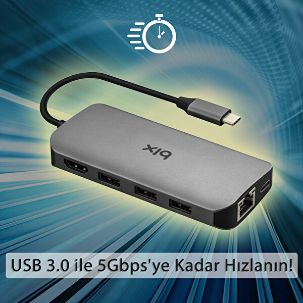 Bix BX10HB Type C To 3 USB 3.0 Gigabit Ethernet Ultra HD 4K HDMI PD Şarj 2 SD Card Çevirici