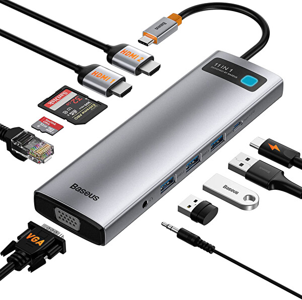 Baseus Metal Gleam 11’i 1 Arada Multifonksiyonal Type-C Hub Dock Station Gri Çoğaltıcı