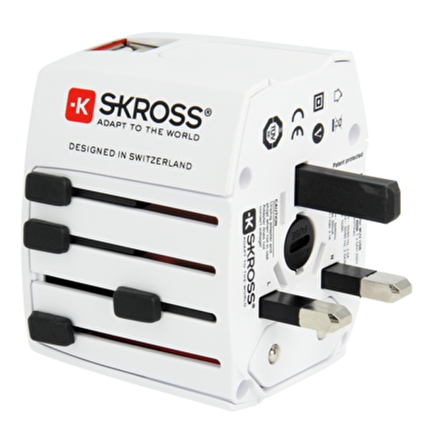 Skross Skross Seyahat Adaptörü, 1.302.930 MUV USB, Priz ve 2xUSB, Beyaz