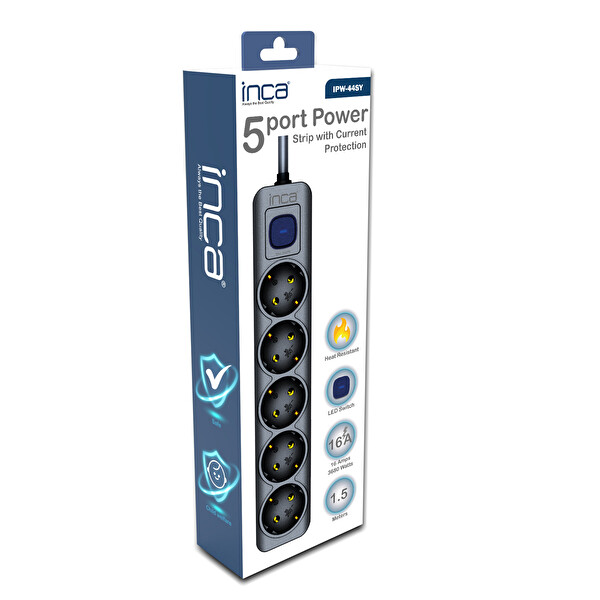 INCA IPW-44SY 5 PORT AKIM KORUMALI LED TUŞLU PRIZ 1.5M - SIYAH