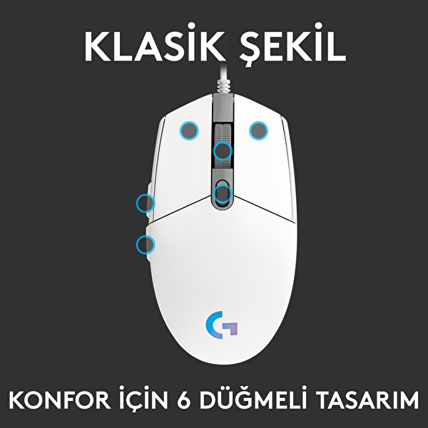 Logitech G203 Lightsync Oyuncu Mouse Beyaz