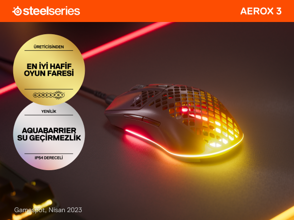 SteelSeries Aerox 3 Onyx TrueMove Core Optik Sensör Ultra Hafif Suya Dayanıklı Gaming Mouse Siyah