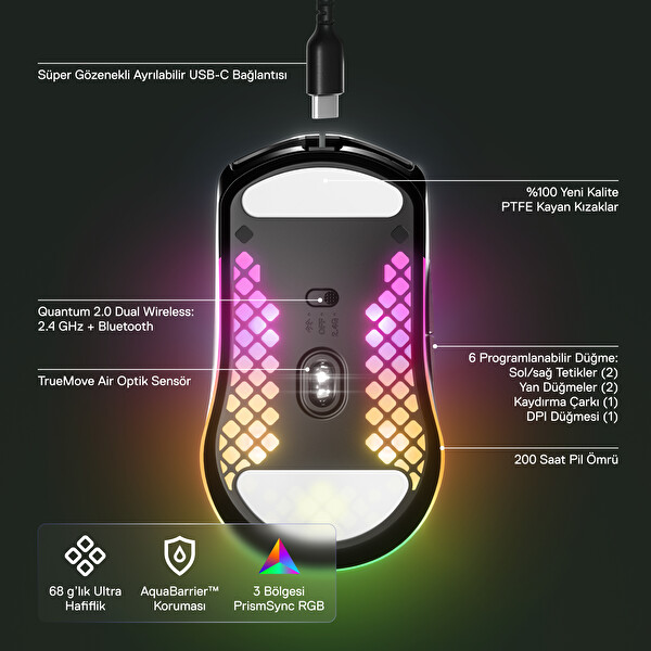 Steel Series Aerox 3 Kablosuz Onyx TrueMove Air Optik Sensör Ultra Hafif Gaming Mouse Siyah