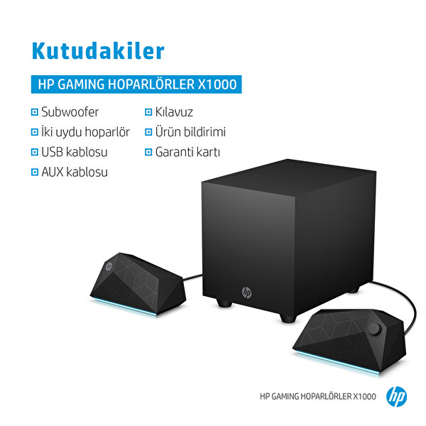 HP X1000 2.1 30W RMS RGB Siyah Oyuncu Hoparlör 8PB07AA