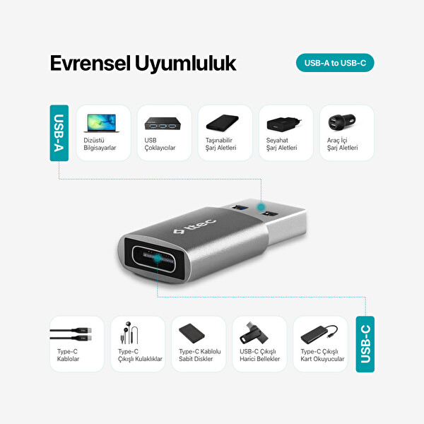 Ttec Usb-A 3.0 Type-C Otg Dönüştürücü Adaptör Uzay Grisi