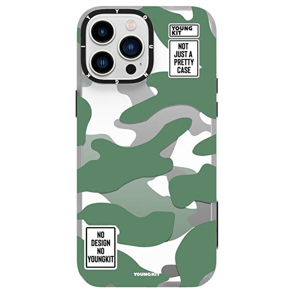 Youngkit Kamuflaj Serisi Cl017 iPhone 13 Pro Sert Silikon Yeşil Kılıf 