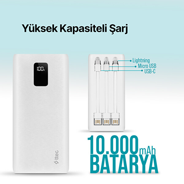 Ttec Powerslim Trio LCD Dahili Kablolu Taşınabilir 10.000mAh PD 22,5W Powerbank Siyah