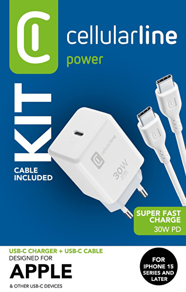 Cellularline TY-ACHIPHKITC2CPD30WW iPhone 15 Serisi ve Diğer Adaptör + C2C Kablo 30w Şarj Kiti