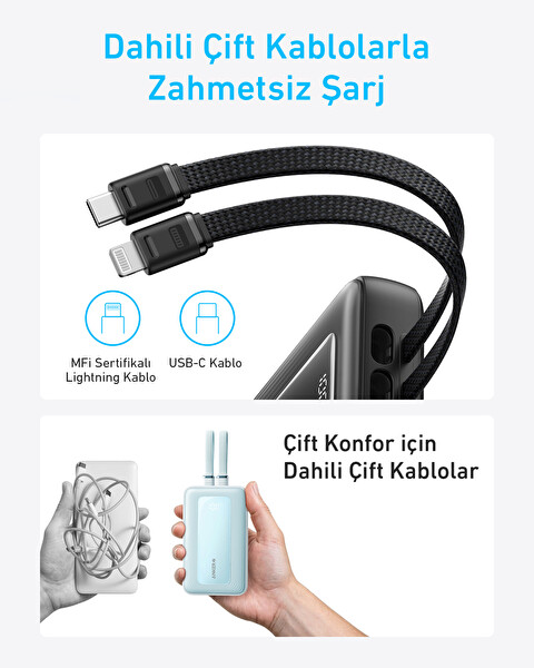 Anker Zolo Powerbank 10K, 30W, Dahi̇li̇ C Ve L Kablo, Si̇yah