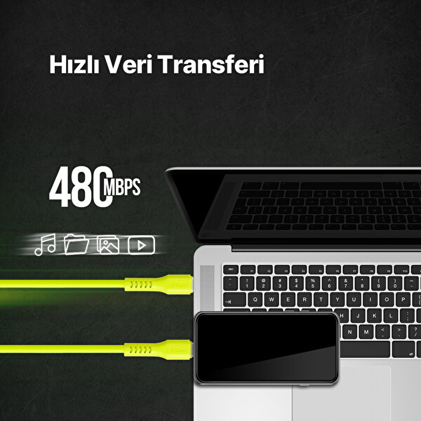 Ttec 2Dk59Ns USB-C USB-C 120Cm 60W PD/Qc Hizli Şarj/Data Kablosu Neon Sarı