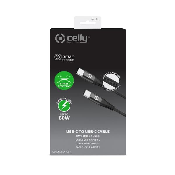 Celly USB-C TO USB-C 60W Naylon Siyah Kablo