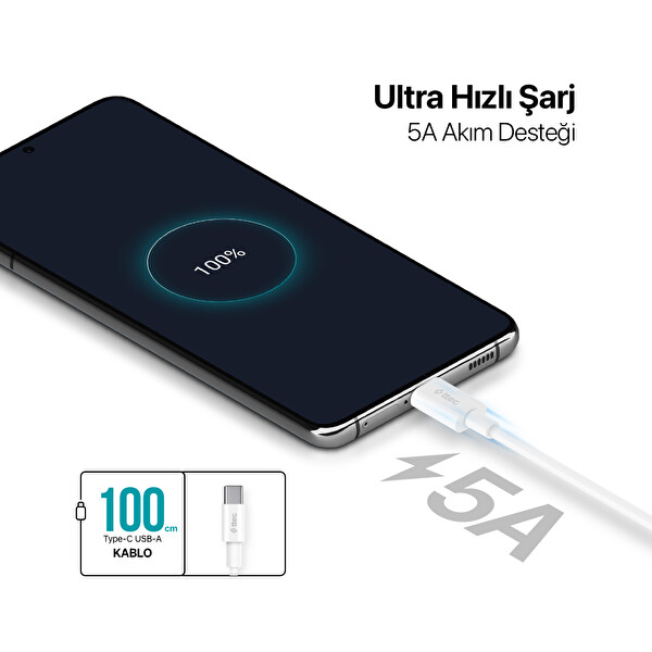 Ttec Type-C Usb 2.0 5A Huawei Supercharge Uyumlu Süper Hızlı Şarj Kablosu Uyumlu Beyaz
