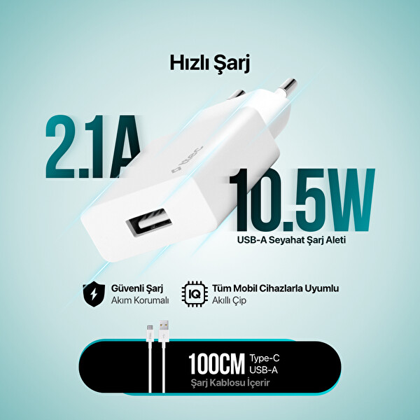 Ttec SmartCharger 10.5W USB-A Seyahat Şarj Aleti Ve Type-C Kablo 1.2m Beyaz