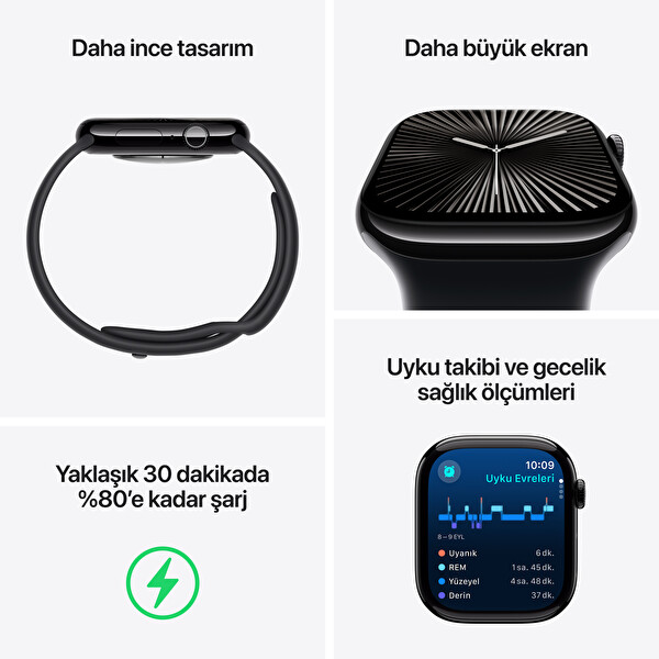 Apple Watch Series 10 GPS 46mm Simsiyah Alüminyum Kasa ve Siyah Spor Kordon - S/M