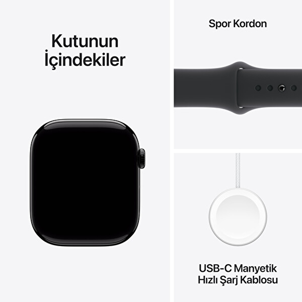 Apple Watch Series 10 GPS 46mm Simsiyah Alüminyum Kasa ve Siyah Spor Kordon - M/L
