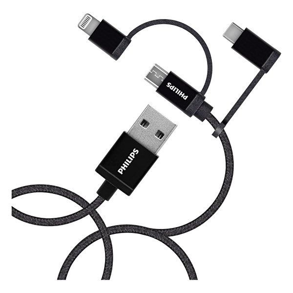 Philips MFI Apple Lisanslı 3in1 Micro Usb Lightining Type C Hızlı Şarj ve Data Kablosu 2m Siyah DLC3106T 2