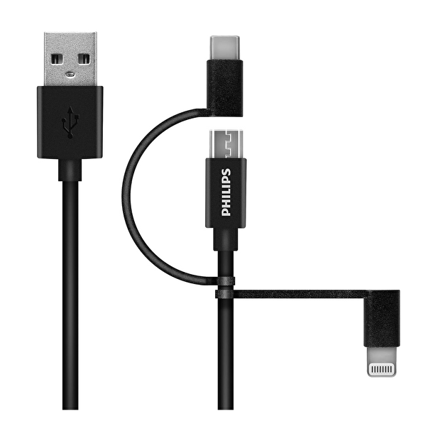 Philips MFI Apple Lisanslı 3in1 Micro Usb Lightining Type C Hızlı Şarj ve Data Kablosu 2m Siyah DLC3106T 4