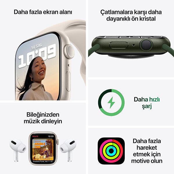 Apple Watch Series 7 GPS 45MM Yeşil Alüminyum Kasa Yonca Spor Kordon