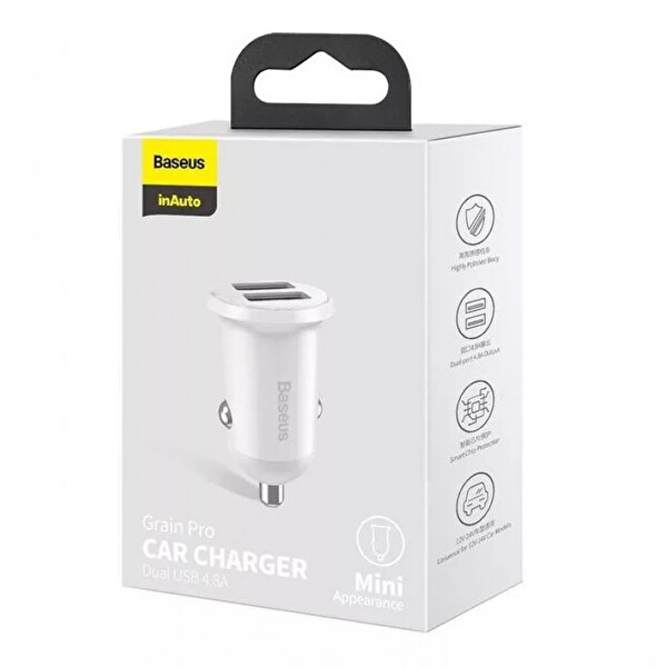 Baseus Grain Pro 2xusb 4.8a Beyaz Araç Şarj Cihazı