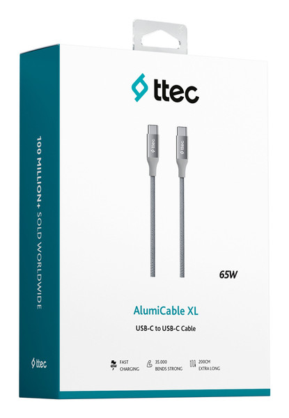 Ttec Alumicable USB-C - USB-C 200Cm 65W PD/Qc Hizli Şarj/Data Kablosu Uzay Grisi
