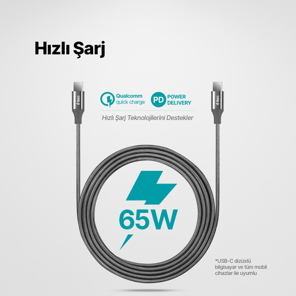 Ttec Alumicable USB-C - USB-C 200Cm 65W PD/Qc Hizli Şarj/Data Kablosu Uzay Grisi