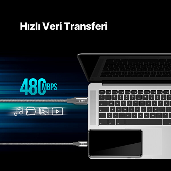 Ttec Alumicable USB-C - USB-C 200Cm 65W PD/Qc Hizli Şarj/Data Kablosu Uzay Grisi