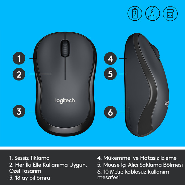 LOGITECH M220 KABLOSUZ SILENT MOUSE SIYA (OUTLET)