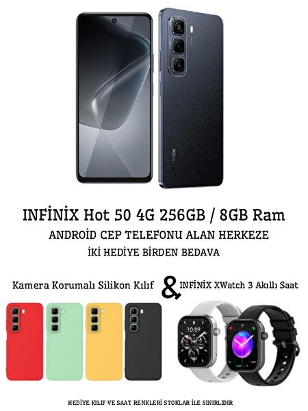 Infinix Hot X6882 50 4G 8GB RAM 256 GB Sleek Black Cep Telefonu - Infinix XWatch 3 Akıllı Saat ve Kamera Korumalı Slikon Kılıf