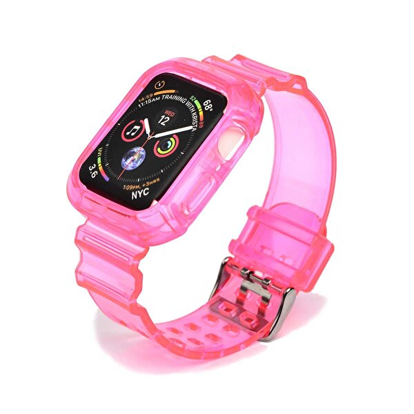 Gpack Apple Watch Series 3 4 5 6 44 MM Kalın Silikon Saatle Birleşik Pembe Kordon