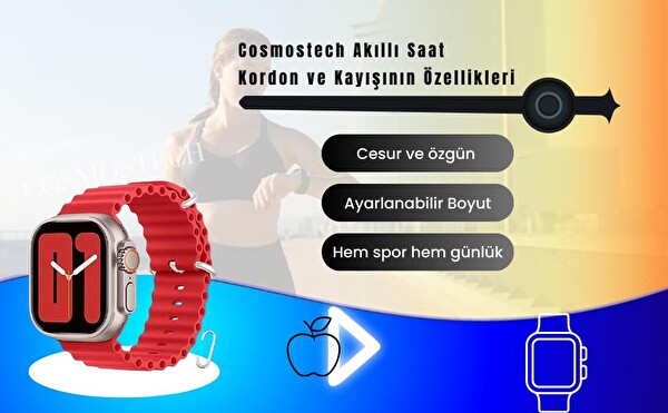 Cosmostech Apple Watch 42-44-45-49 MM 1-2-3-4-5-6-SE-7-8-Ultra Uyumlu Ocean Kırmızı Kordon ve Kayış