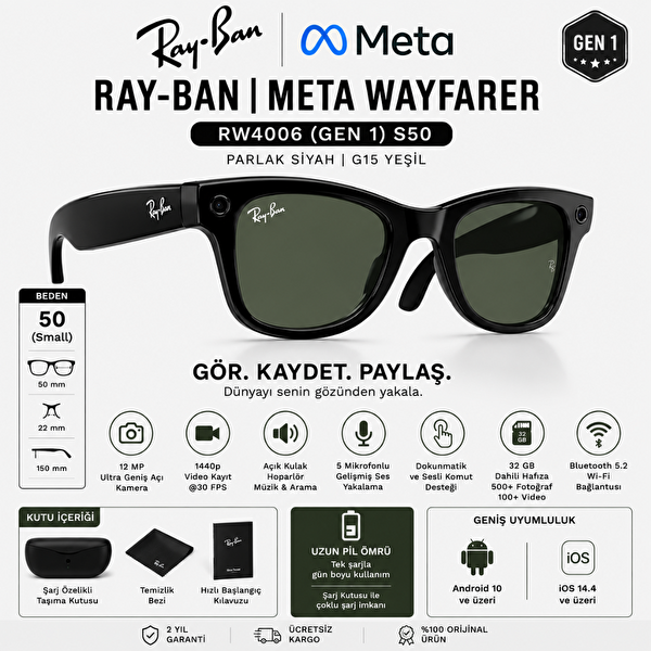 Ray-Ban Meta Wayfarer RW4006 S50 (Gen1) Parlak Siyah G15 Yeşil Akıllı Gözlük
