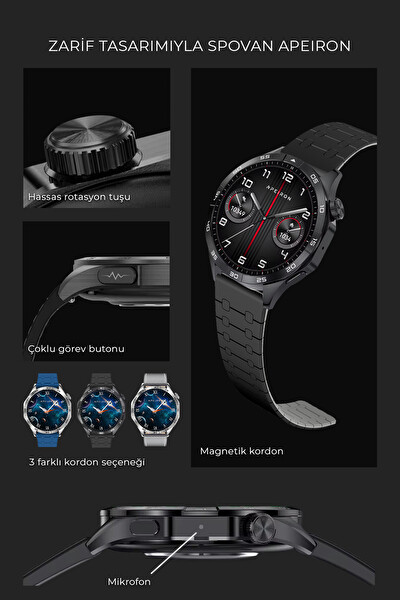 Spovan Apeiron Sesli Görüşme BT 5.3 Tansiyon Ölçer Türkçe Çelik Akıllı Saat Gümüş