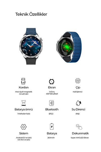 Spovan Apeiron Sesli Görüşme BT 5.3 Tansiyon Ölçer Türkçe Çelik Akıllı Saat Gümüş