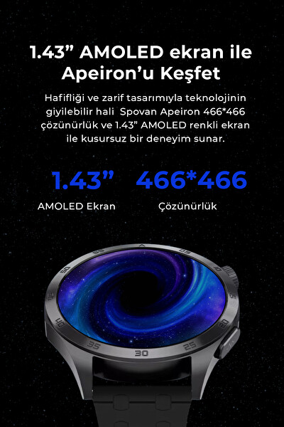 Spovan Apeiron Sesli Görüşme BT 5.3 Tansiyon Ölçer Türkçe Çelik Akıllı Saat Titanyum Siyah