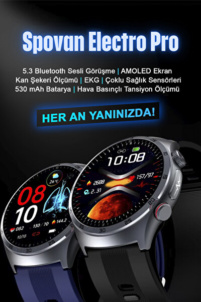 Spovan Electro Pro Hava Basınçlı Tansiyon Şeker NFC Sesli Görüşme EKG Türkçe Akıllı Saat