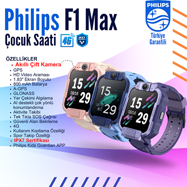Philips F1 Max Çift Kameralı Akıllı Çocuk Saati Mor