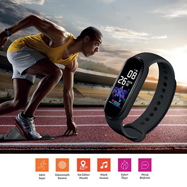 Polosmart PSSW17 Akıllı Bileklik 5.1V Titreşimli Bluetooth Adım Sayar Kalp Atışı Uyku Takibi Siyah