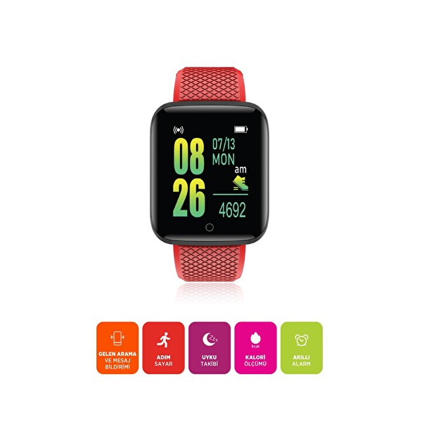 Polosmart PBS153 Titreşimli Adım Sayar Müzik Kontrol Spor Mod Bluetooth Akıllı Saat Kırmızı
