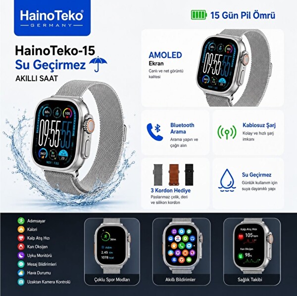 Haino Teko 15 Amoled Ekran Su Geçirmez 15 Gün Şarj ve 3 Kordon Seti Dahil Akıllı Saat Gümüş