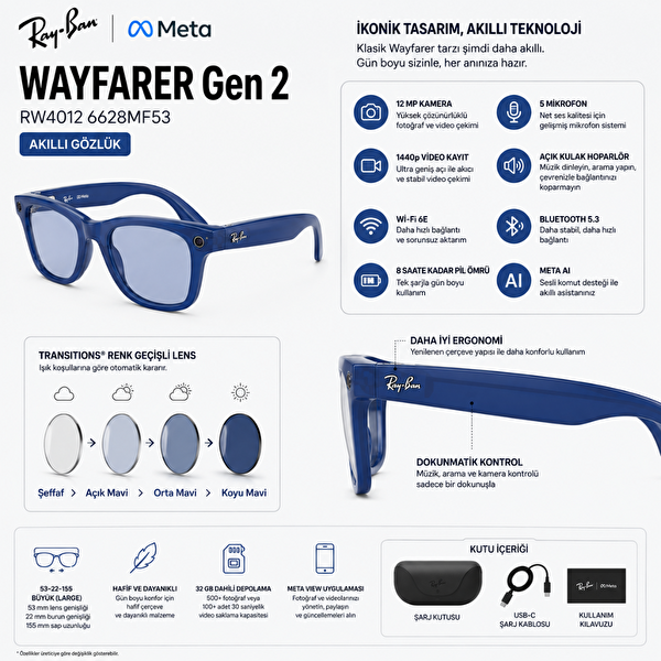 Ray-Ban Meta Wayfarer Gen 2 Akıllı Gözlük RW4012 Shiny Blue Renk Geçişli Şeffaf-Saphire S53 Beden 6628MF53