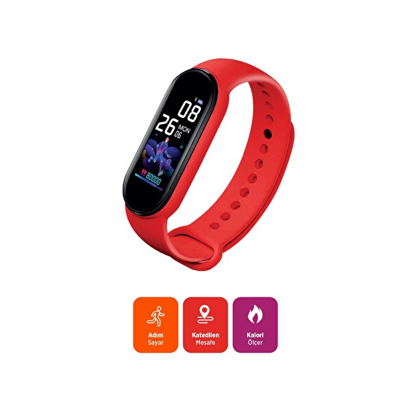 Polosmart PSSW24 5.1V Titreşimli Bluetooth Adım Sayar Kalp Atışı Uyku Takibi Kırmızı Akıllı Bileklik