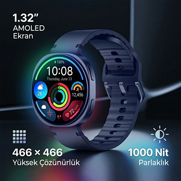 Bix TSW3 42mm Ultra İnce 1.32 inç AMOLED Ekran Bluetooth Aramalı Metal Çerçeve Nabız SpO2 Ölçer Akıllı Saat Mor