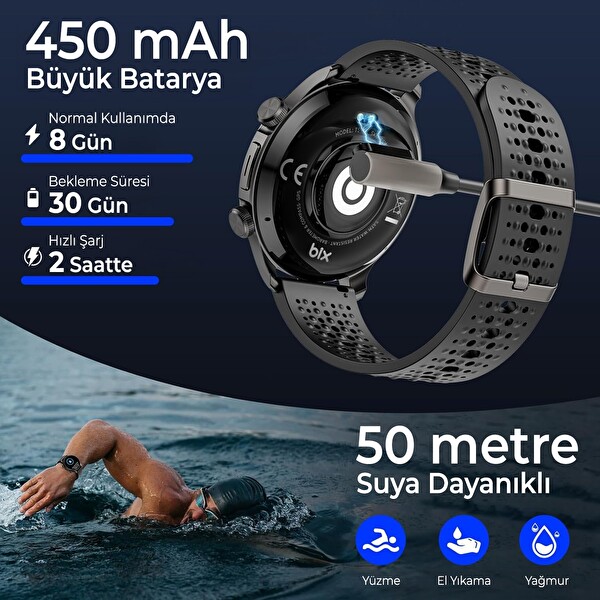 Bix TSW6 48mm 1.6 inç Super Retina AMOLED GPS AI Yapay Zeka Bluetooth Aramalı Nabız SpO2 Ölçer Akıllı Saat Siyah