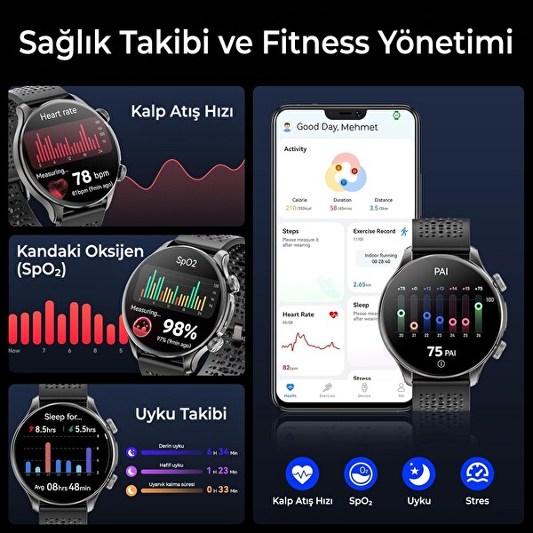 Bix TSW6 48mm 1.6 inç Super Retina AMOLED GPS AI Yapay Zeka Bluetooth Aramalı Nabız SpO2 Ölçer Akıllı Saat Siyah