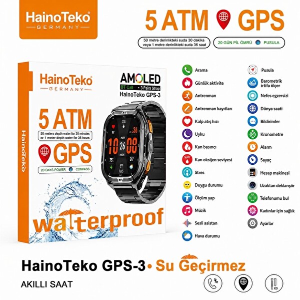 Haino Teko GPS-3GPS Özellikli 5 ATM Su Geçirmez Amoled Ekran 3 Kordonlu BT Arama Akıllı Saat Siyah