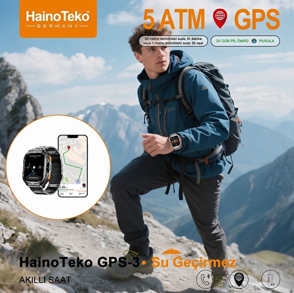 Haino Teko GPS-3GPS Özellikli 5 ATM Su Geçirmez Amoled Ekran 3 Kordonlu BT Arama Akıllı Saat Siyah