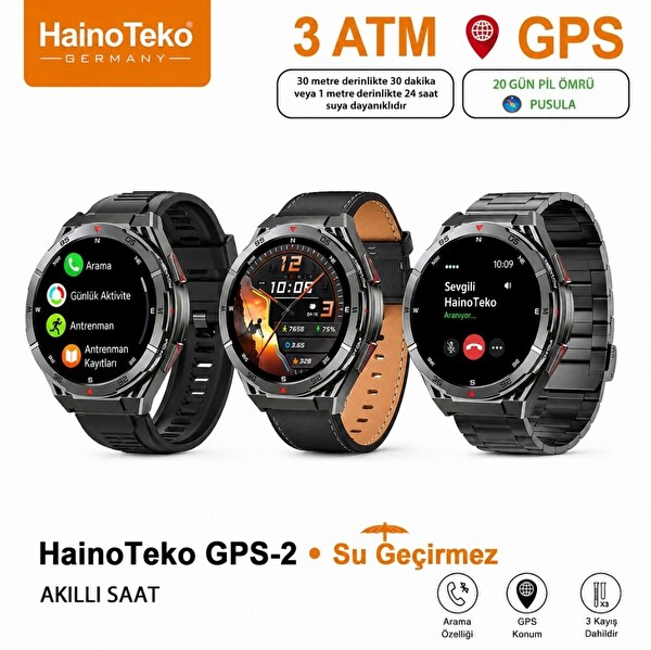 Haino Teko GPS-2 GPS Özellikli Amoled Ekran 3 ATM Su Geçirmez 3 Kordonlu Bluetooth Aramalı Akıllı Saat Siyah